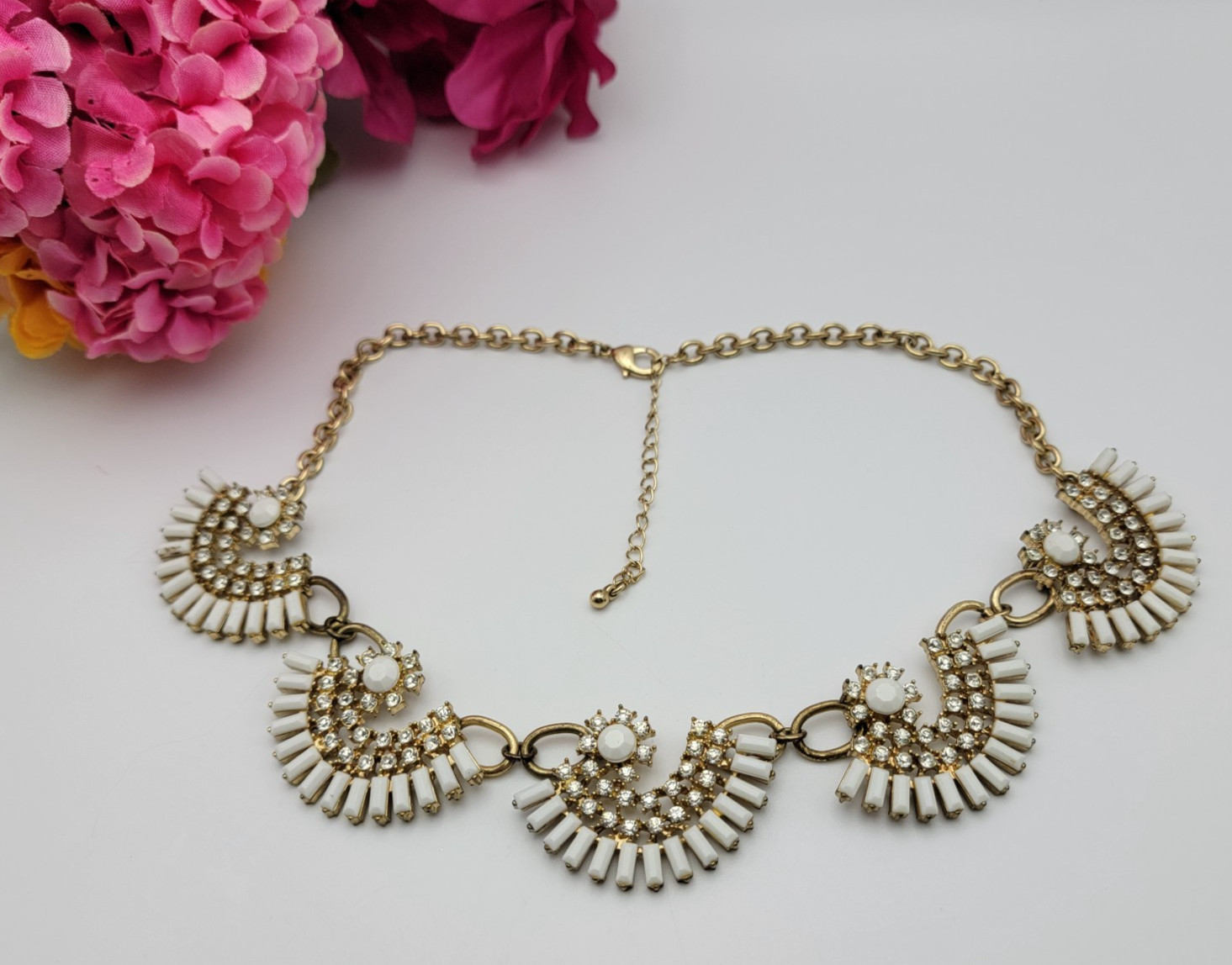 Gold Tone White And Clear Rhinestones Statement Bib Necklace 20″ Adj.