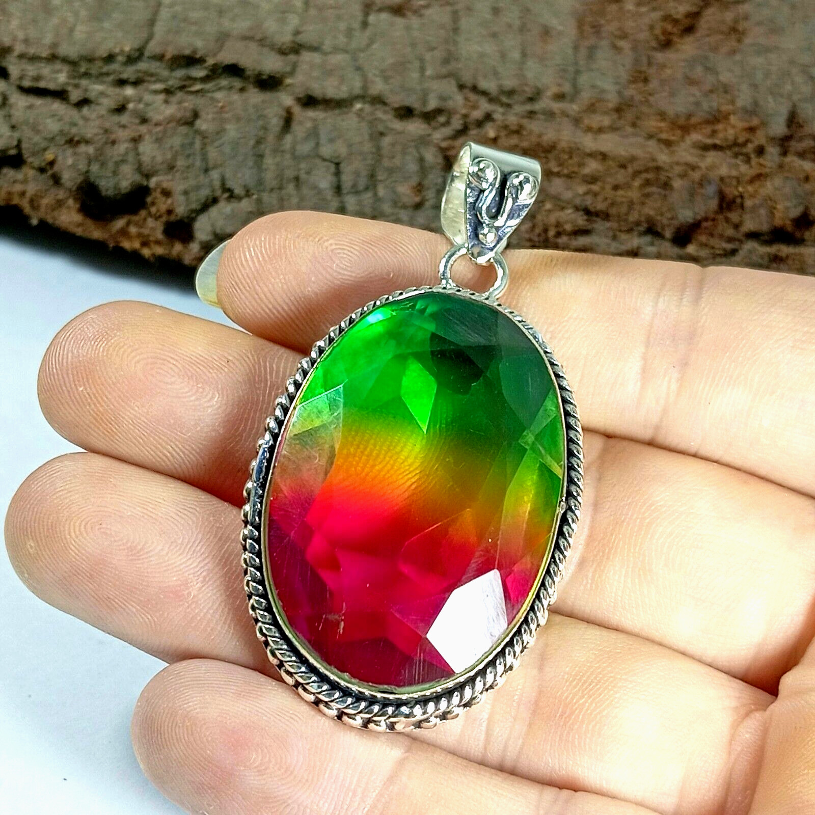 Bi-Color Tourmaline Gemstone Pendant 925 Sterling Silver Jewelry Pendant.