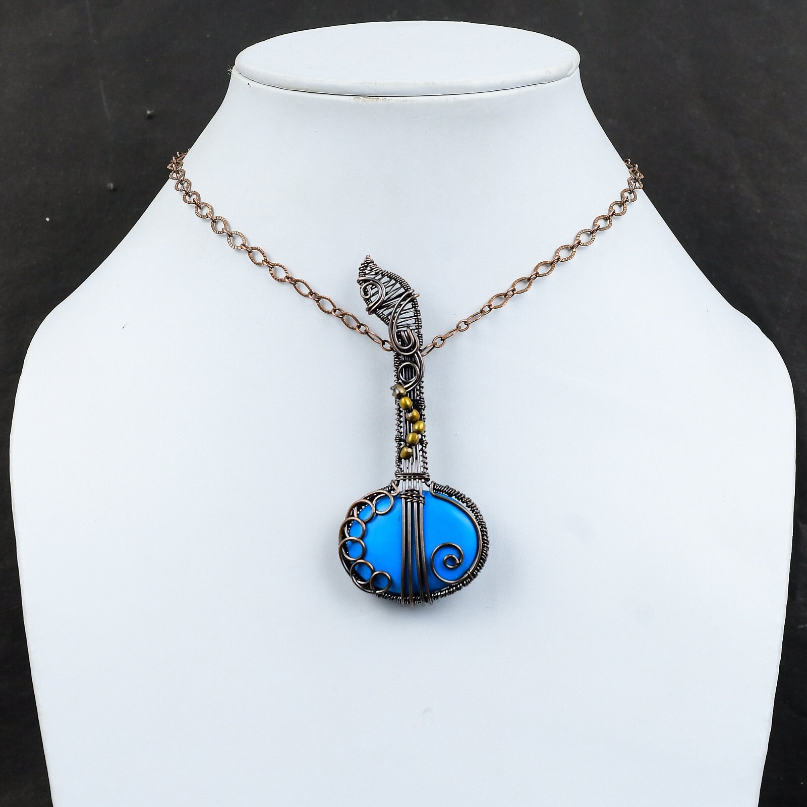 Sleeping Beauty Turquoise Copper Mum Gift Wire Wrapped Guitar Pendant 3.35″