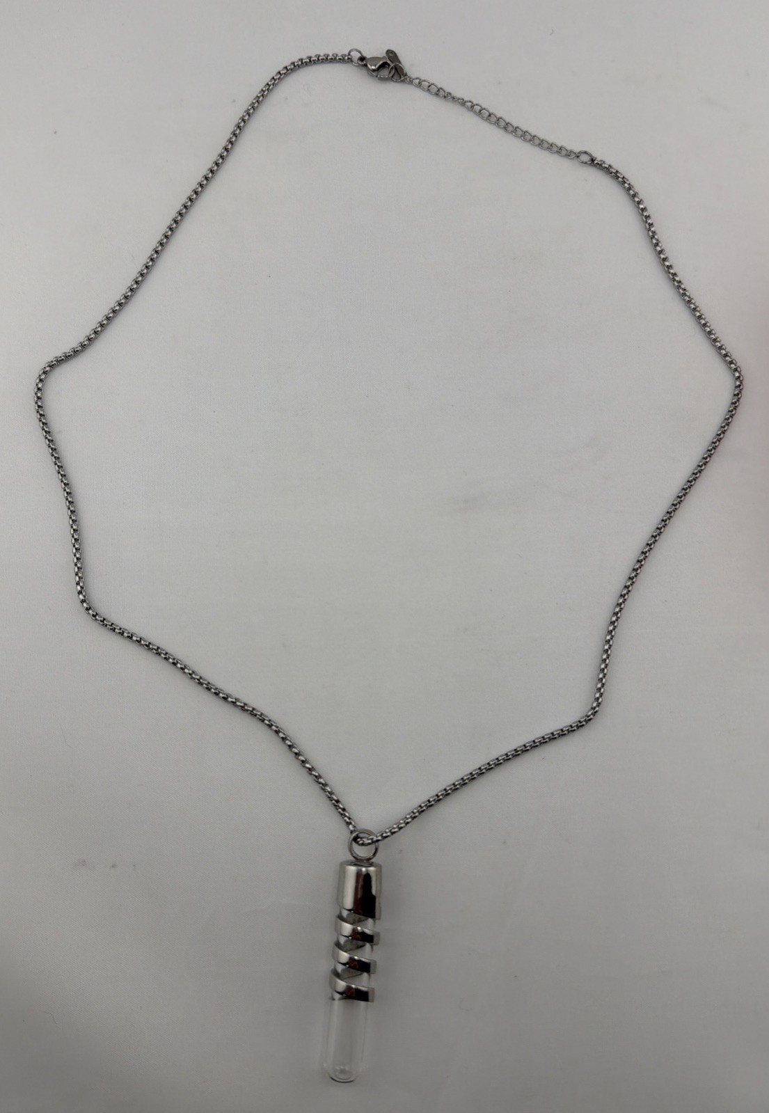 Silver Glass Vial Necklace Tube Pendant 22″ Chain Keepsake Bottle Jewelry.