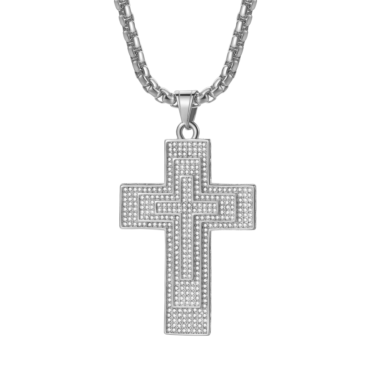 Mens Boys Hip Hop Large CZ Cross Stainless Steel Crucifix Pendant Necklace 22in