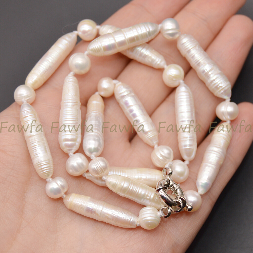 6x26mm Natural White Unique Biwa Freshwater Irregular Pearl Necklace 14-36”
