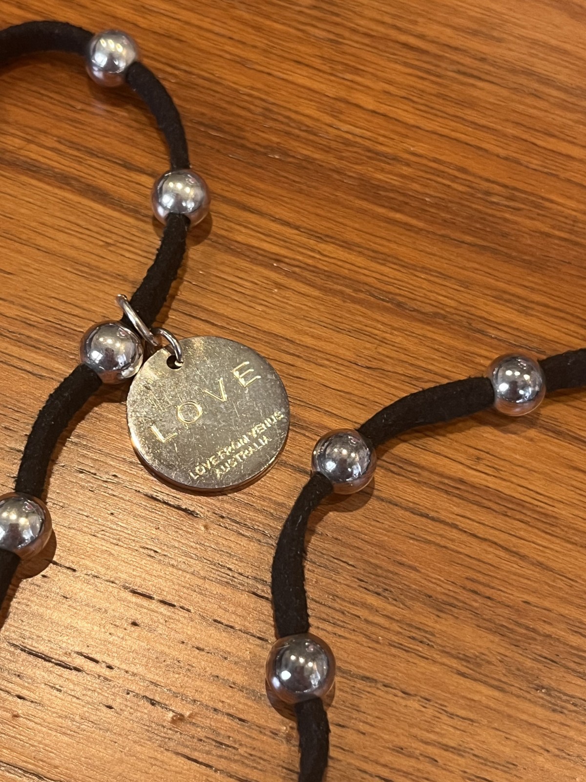 Vintage Love From Venus Australia Leather/Silver Plate Lariat Necklace