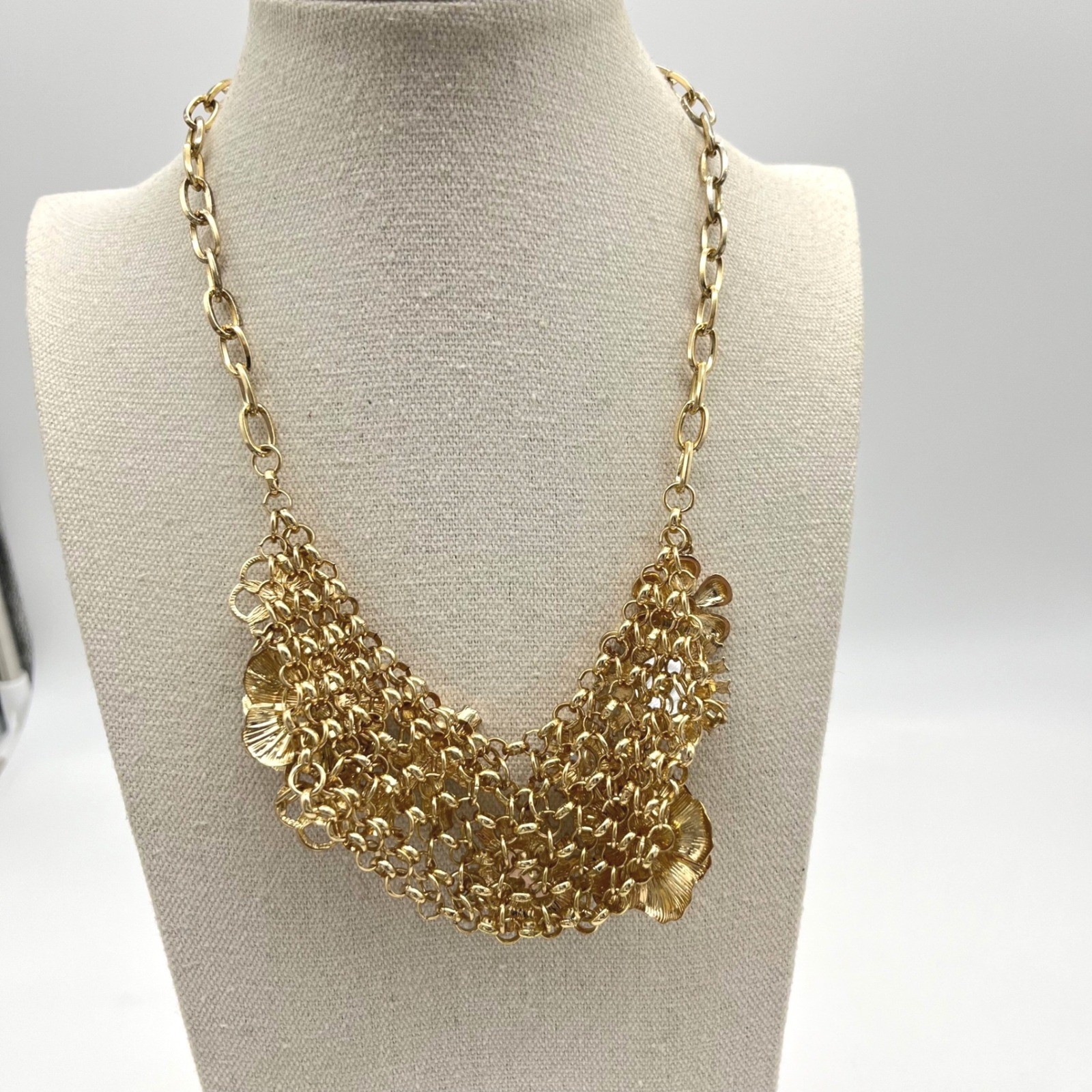 Gold Tone Clutter Statement Necklace Multi Gem Embellished Bib Style Choker