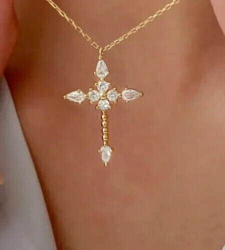 1.80Ct Pear Cut Simulated Diamond Cross Women Pendant 14k Yelllow Gold Plated