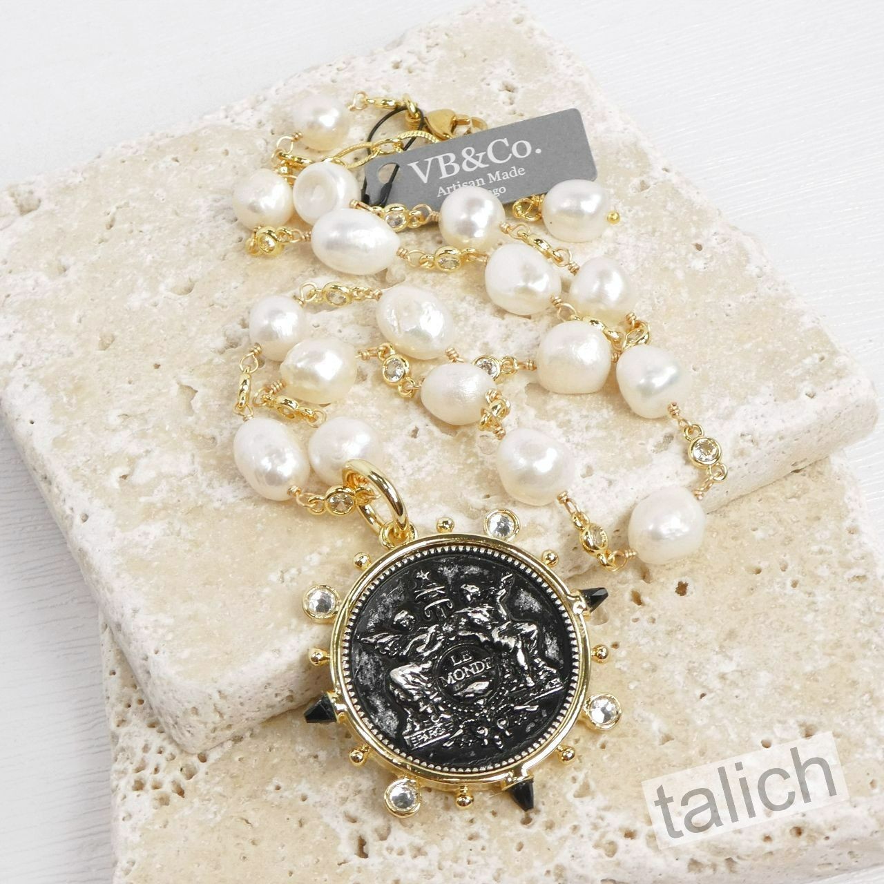 Designer VB&CO Chunky White Pearl Necklace with Large Le Monde Coin Pendant Chic