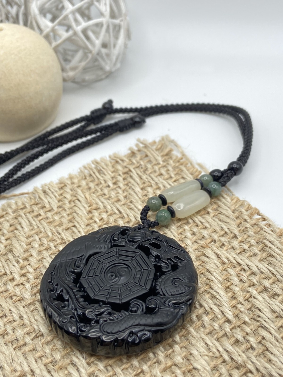 Jade Obsidian Dragon Charm Pendant Necklace Beads Cord Handmade Tai Chi diagram