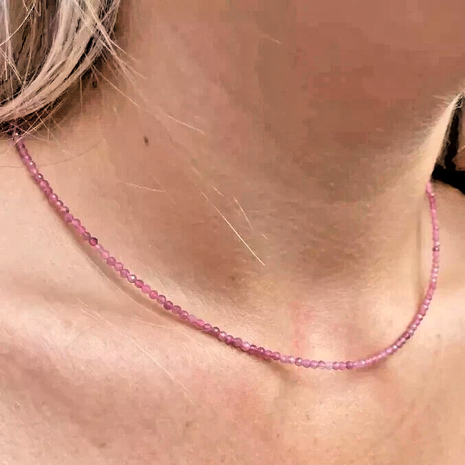 Natural Pink Tourmaline 2mm Beaded Choker Minimalist Dainty Crystal Necklace