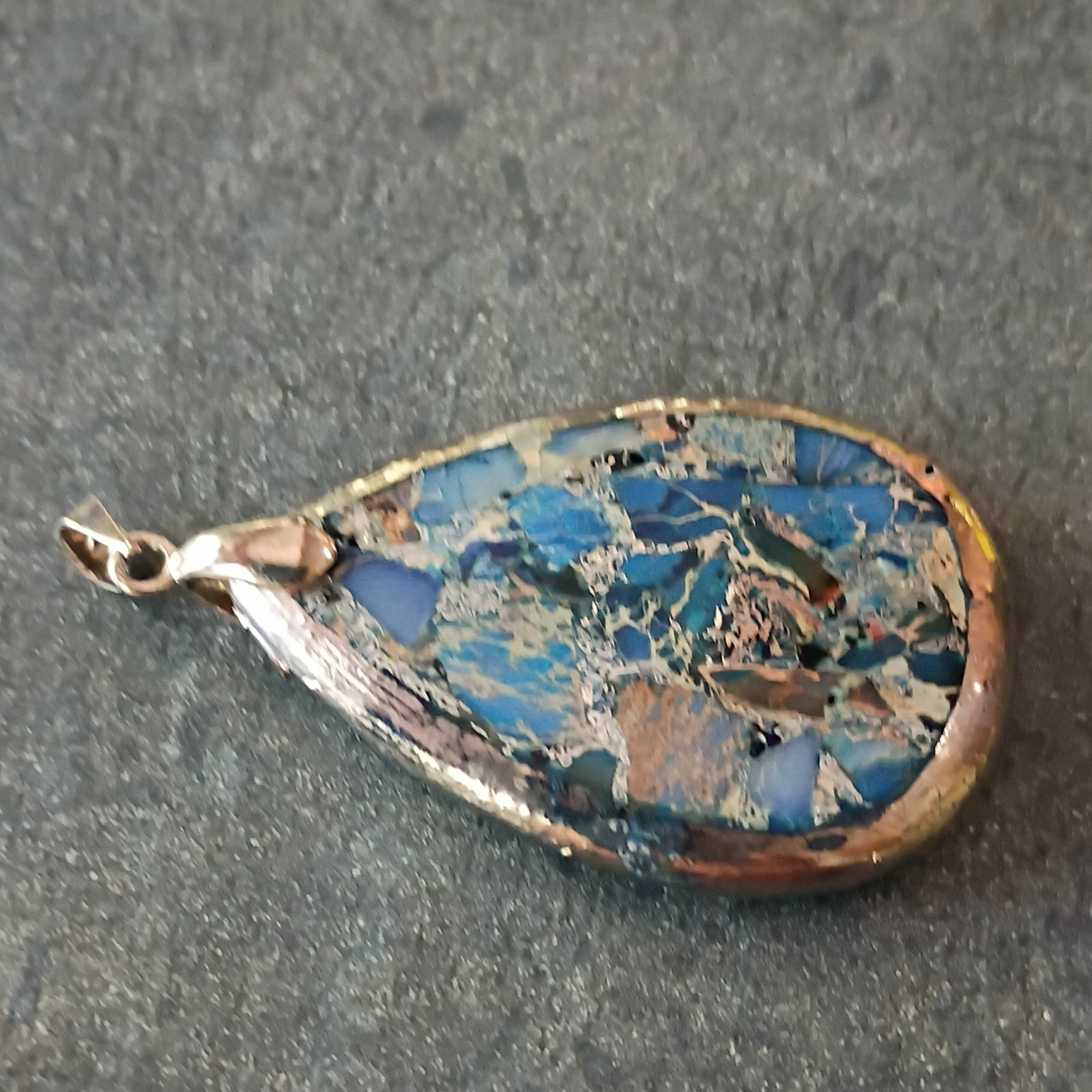 Teardrop Blue Jasper Stone Charm Pendant Silver Tone Bezel Setting w/ Bail