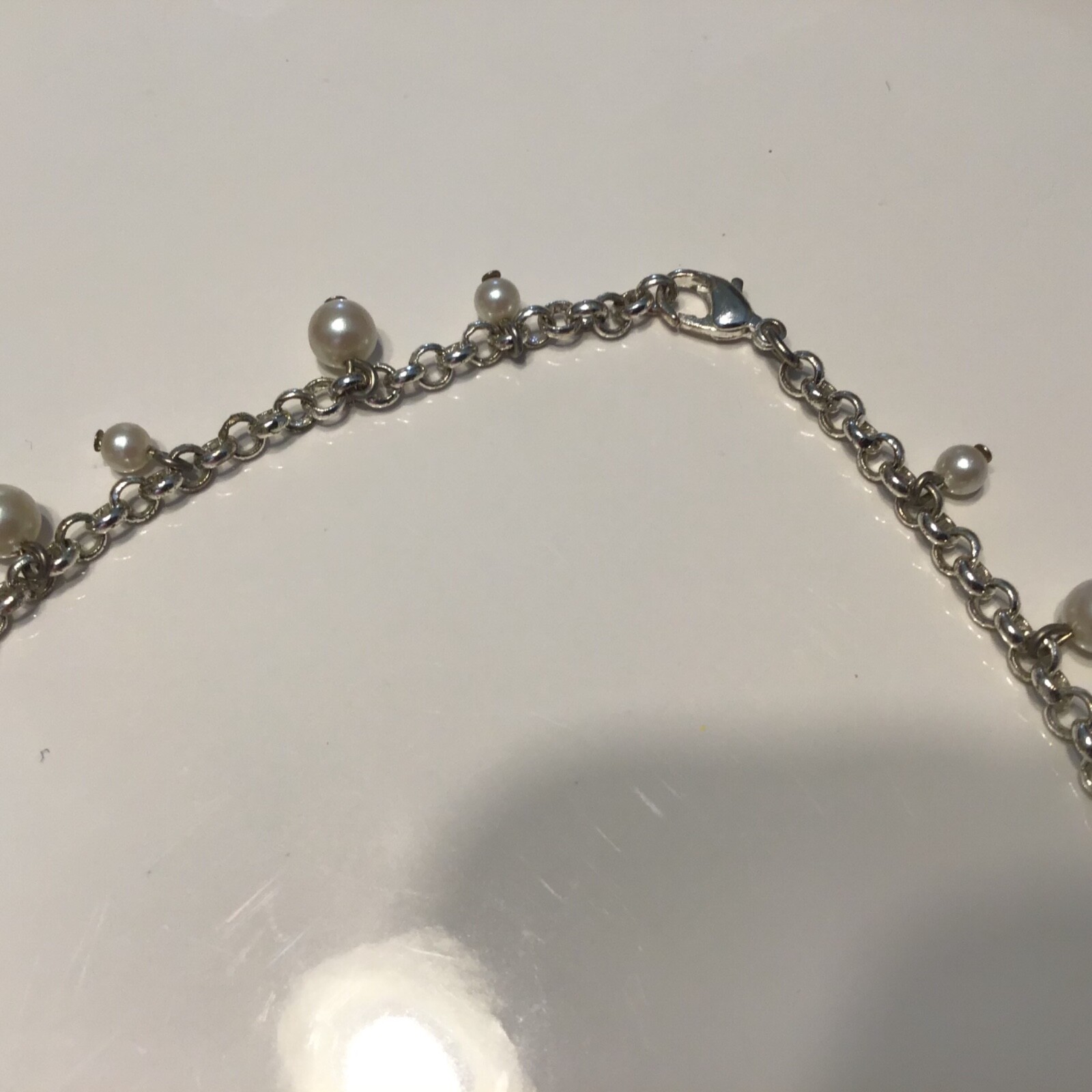 Faux Pearl Rhinestone Bead Dangle Necklace Choker 15” Silver Tone