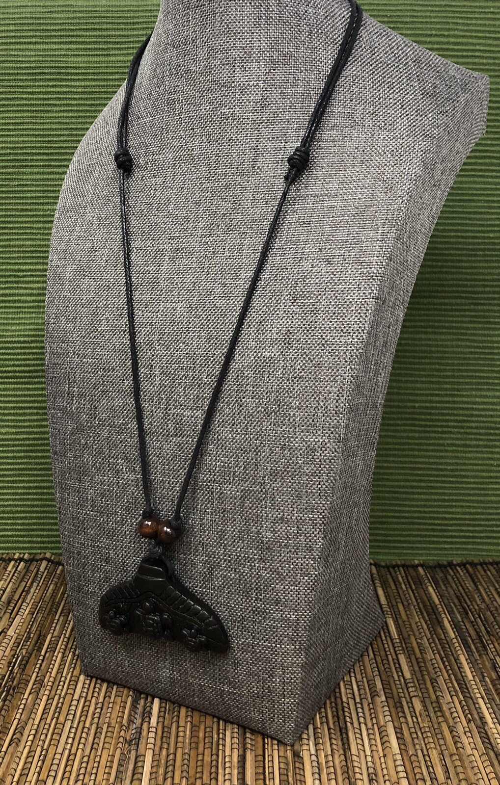 Black Whale Tail Necklace – Carved Pendant with Turtles Engraved Adjustable