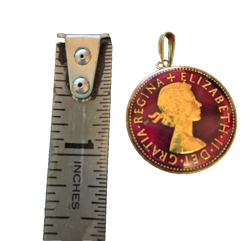 1965 Gold Toned Bezel Red Enamel Sixpence Love Token Queen Elizabeth II No Chain
