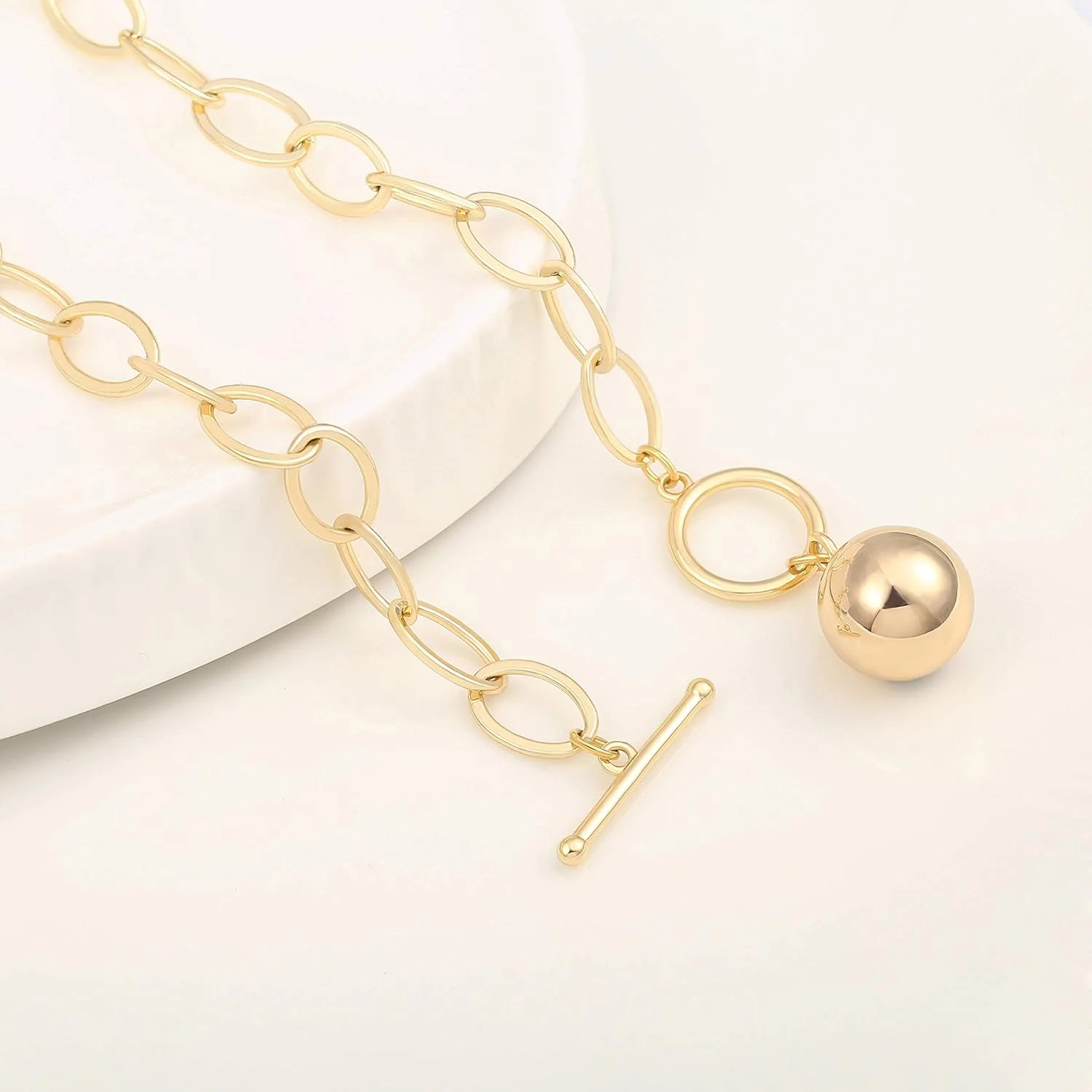 18K Gold Plated Chunky Chain Necklace for Women Harmony Ball Pendant Toggle Clas