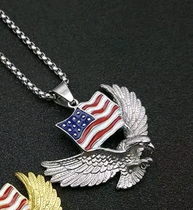 Men’s Hip Hop Fashion Eagle American Flag Silver Color Pendant and Necklace 5-2F