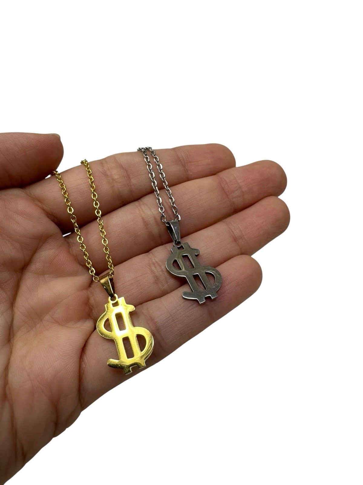 Dollar Sign Necklace Stainless Steel Pendant Chain Gold or Silver Tone Unisex
