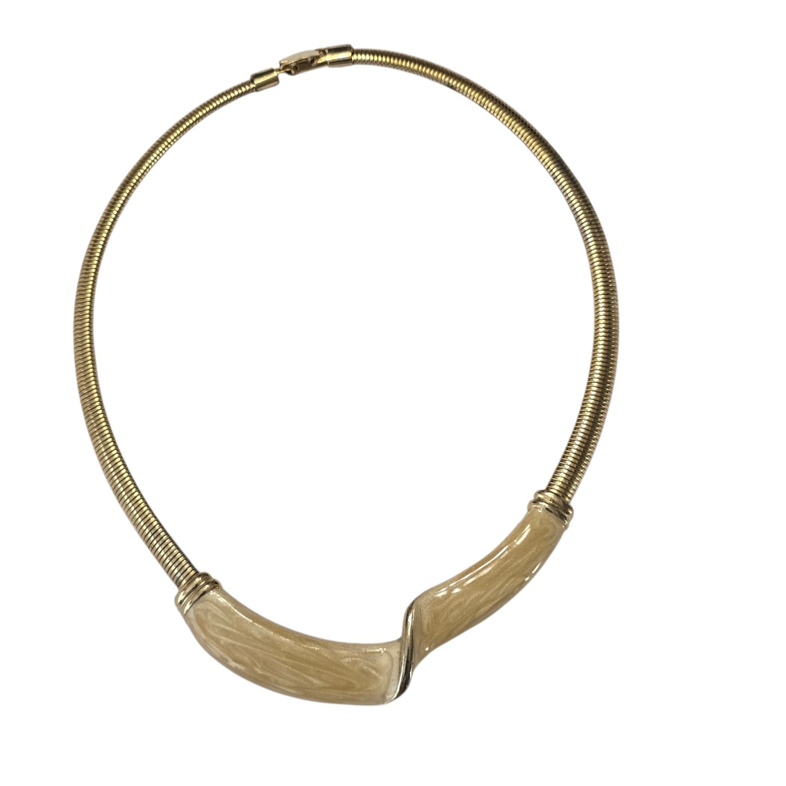 1980s Vintage Unbranded Gold tone Choker Cream Enamel Wave Design