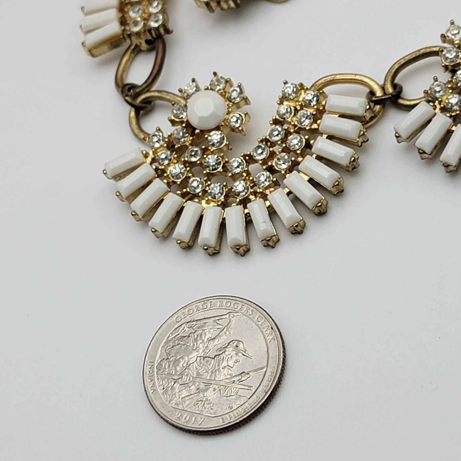 Gold Tone White And Clear Rhinestones Statement Bib Necklace 20″ Adj.