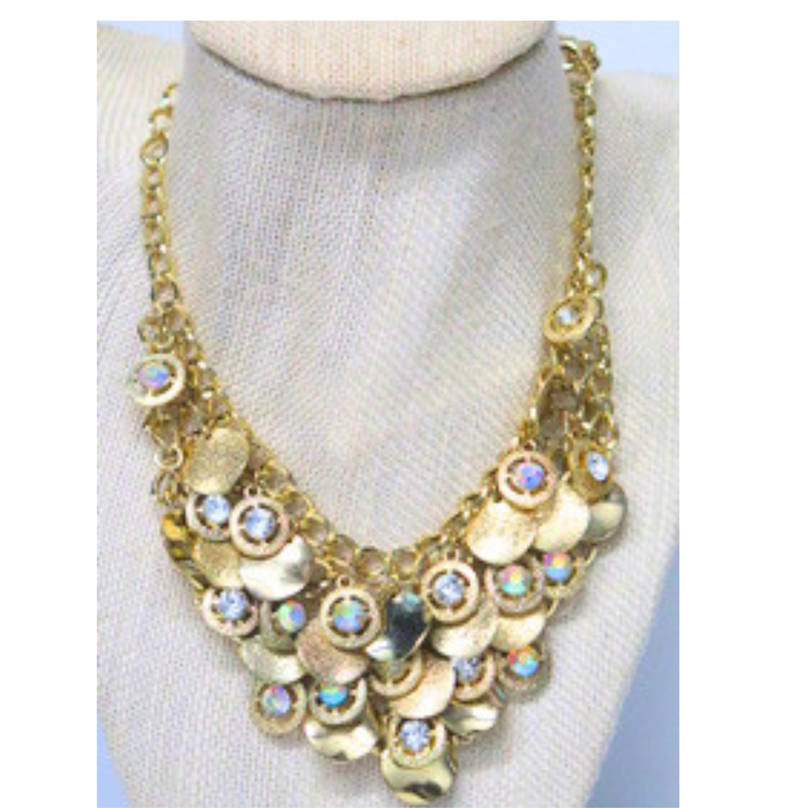 Gold Tone Crystal Coin Statement Bib Necklace AB Rhinestones Adjustable