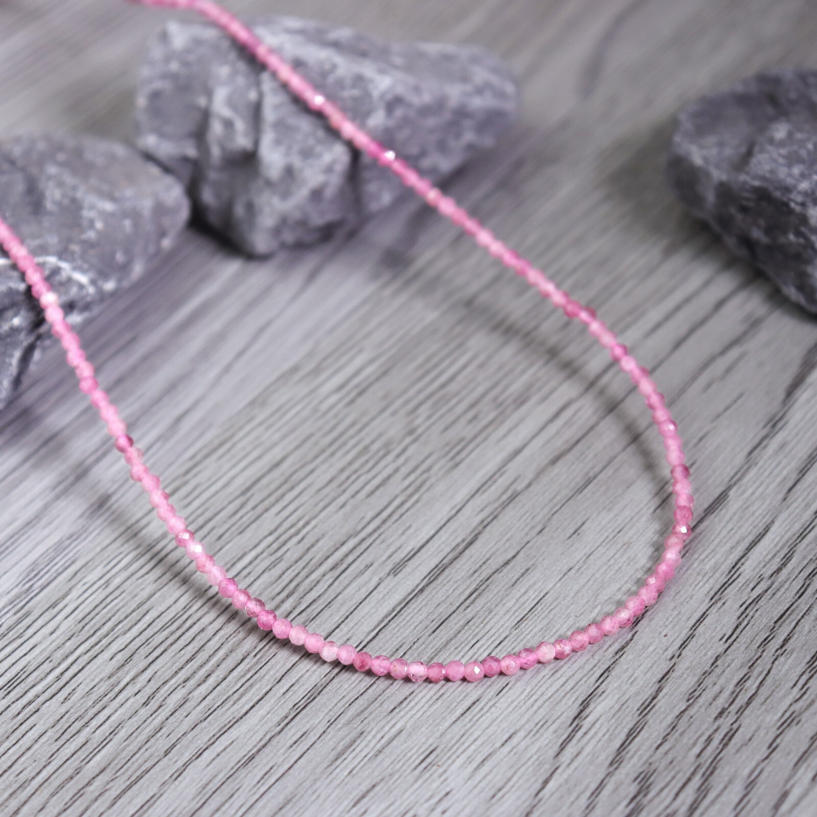 Natural Crystal Choker 2mm Pink Tourmaline Beaded Women Healing Boho Necklace