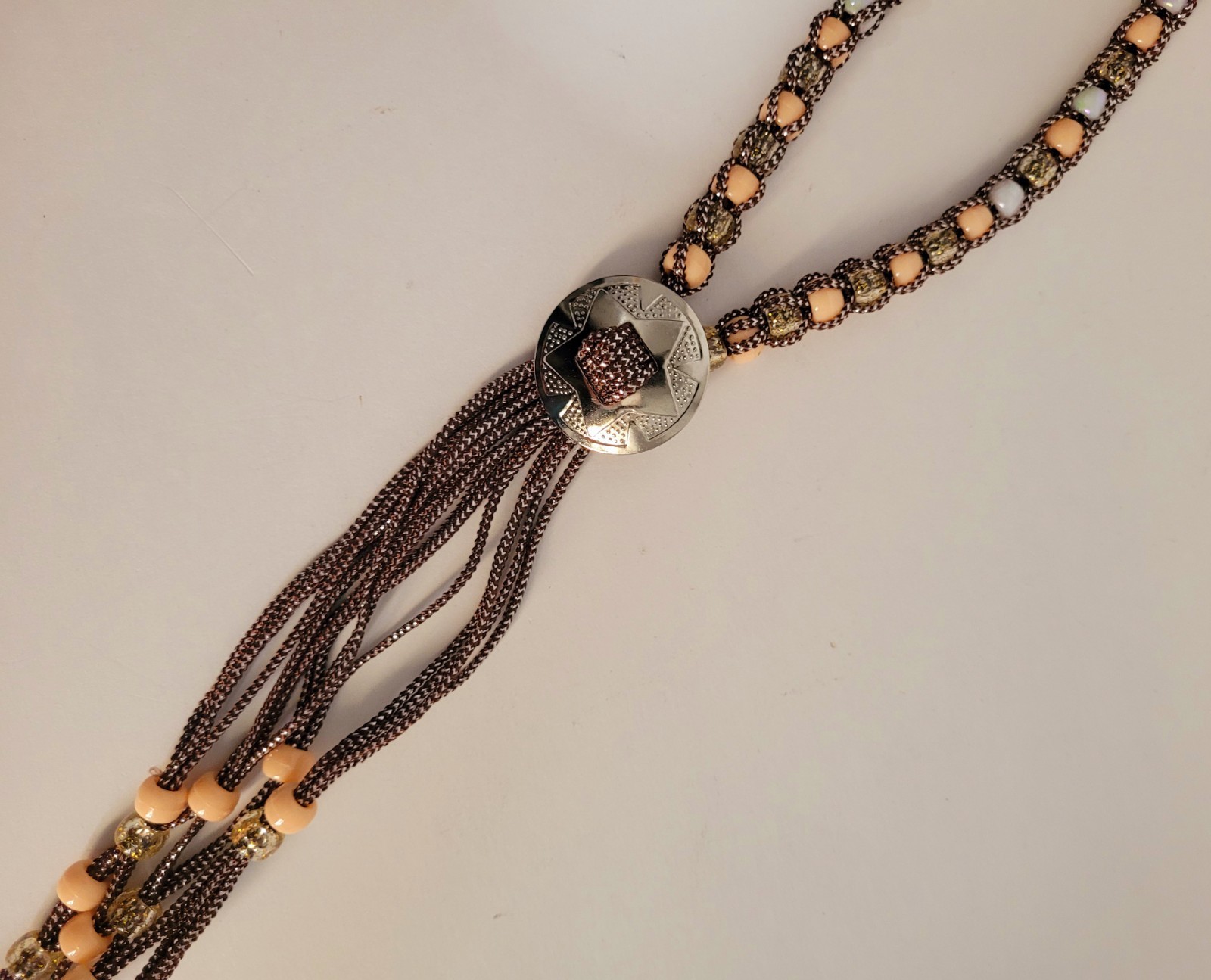 Vintage Western Bolo Tie Brown Silver Cord Silver Tone Concho Beaded Necklace