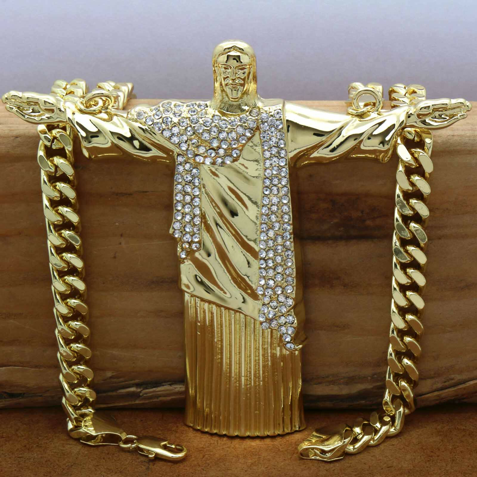 Hip Hop 14k Gold Plated Huge “JESUS” Pendant Cubic Zirconia 30″ Cuban Chain (H)