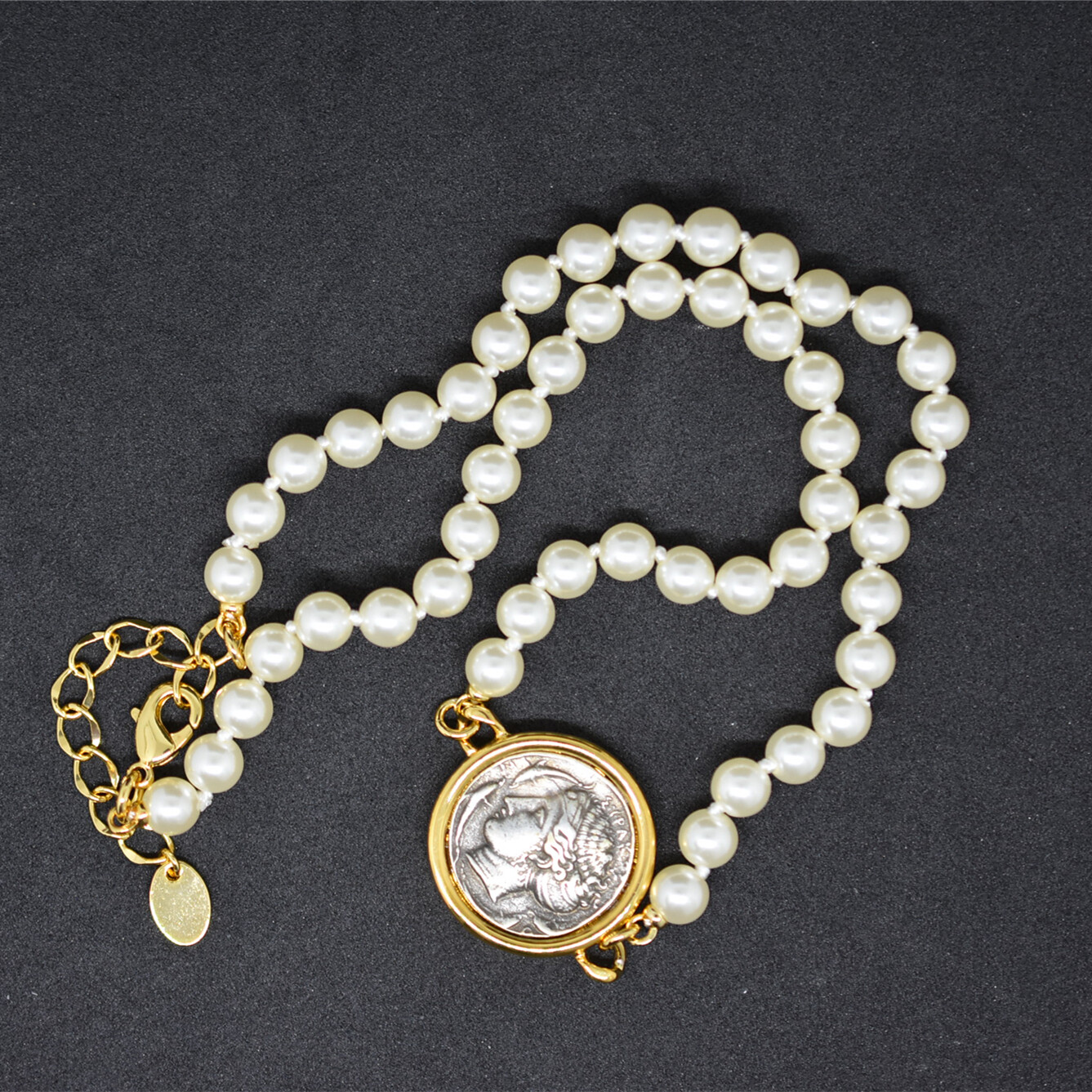 Retro Coins Ancient Roman Hunting Carriage/Ocean Goddess 2sided Pearl Necklace