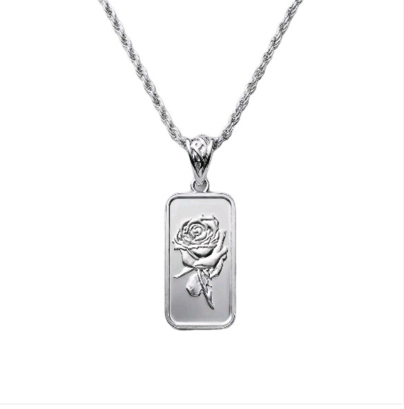 1 Gram .999 Fine Silver Rose Flower Bar Pendant in Sterling Silver Bezel & Chain