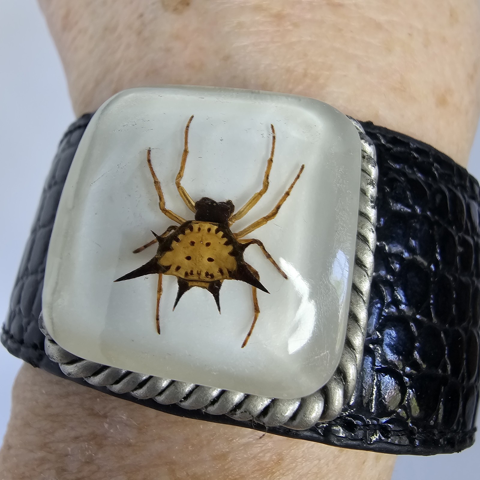 Spiny Backed Orb Weaver Spider In Lucite Cuff Goth Bracelet Faux Leather