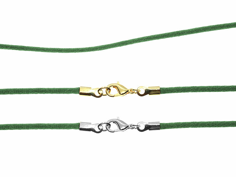 Green Satin Silk Cord Necklace Silver/Gold Clasp 16″ to 30″ Hand Made USA