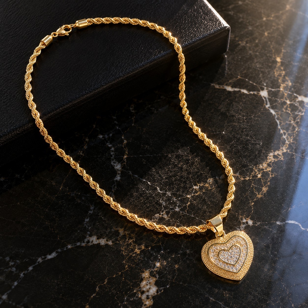 14K Heart Necklace & Pendant Gold Filled Set With Rope Chain Women’s Love Gift