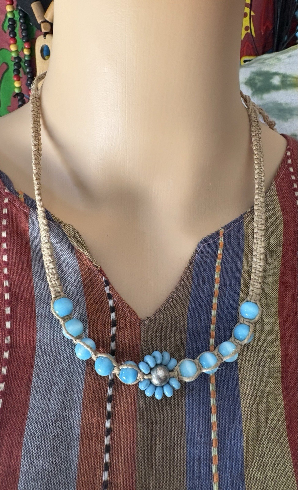 Blue Beige Beaded Choker Necklace Flower Pendant Cord Adjustable Tie Closure