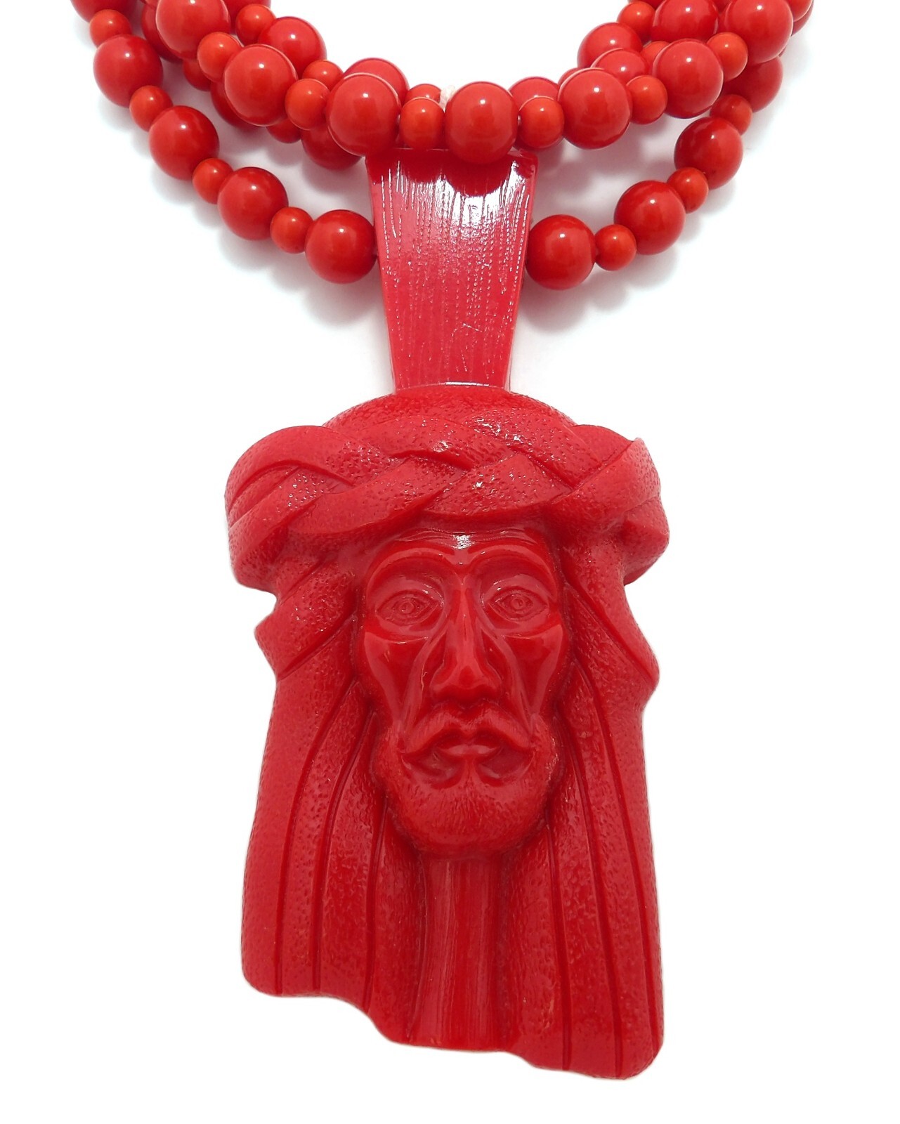 Blessed Jesus Face Pendant 8mm 36″ Plastic Bead Necklace in Red, White Color GA4