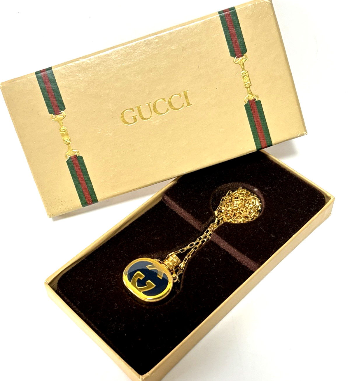 Vintage Gucci Navy Enamel GG Perfume Bottle Motif Necklace Pendant Gold-tone