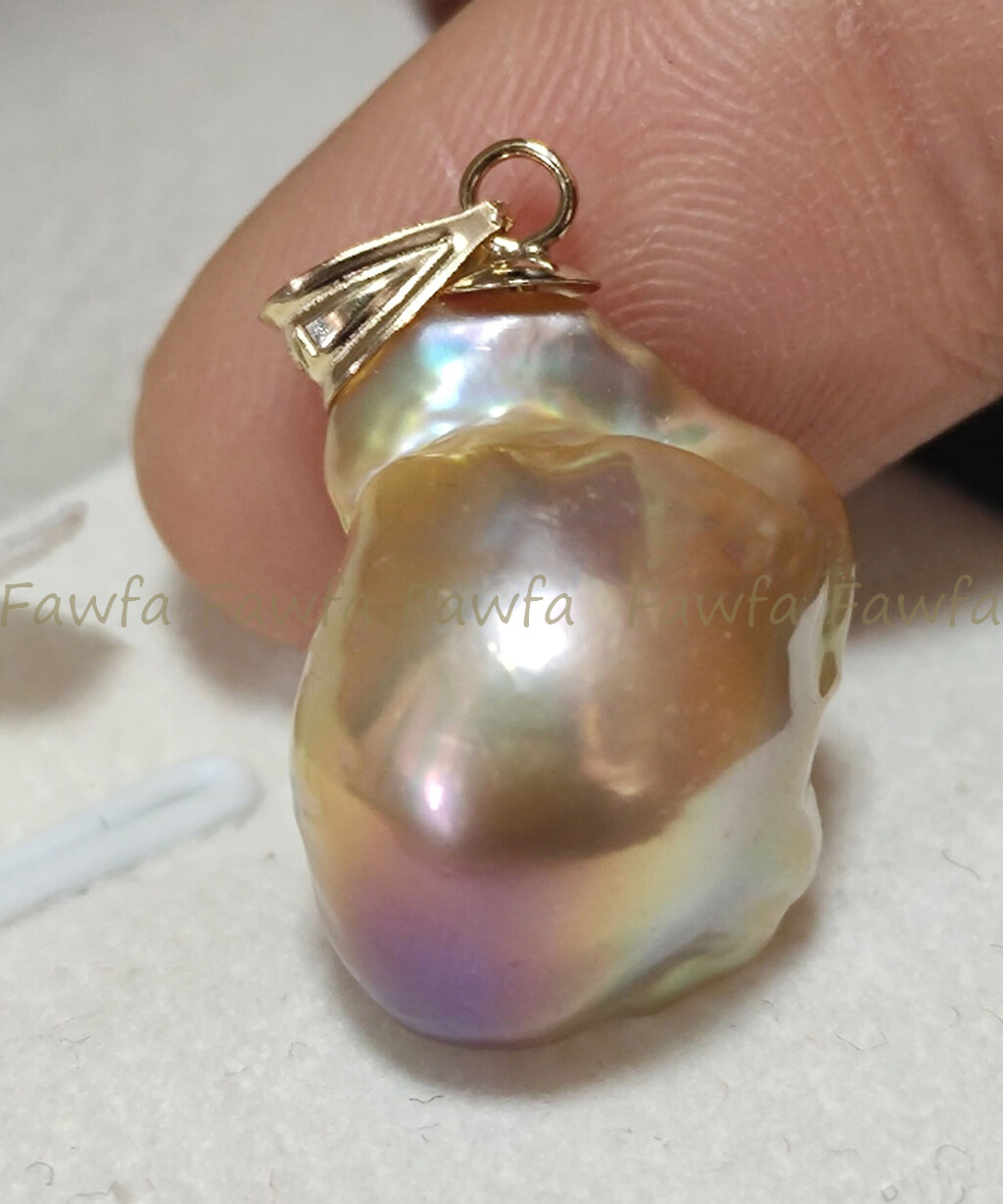 Huge 15-25mm Real Natural Multicolor South Sea Baroque Pearl Pendant 14K Gold