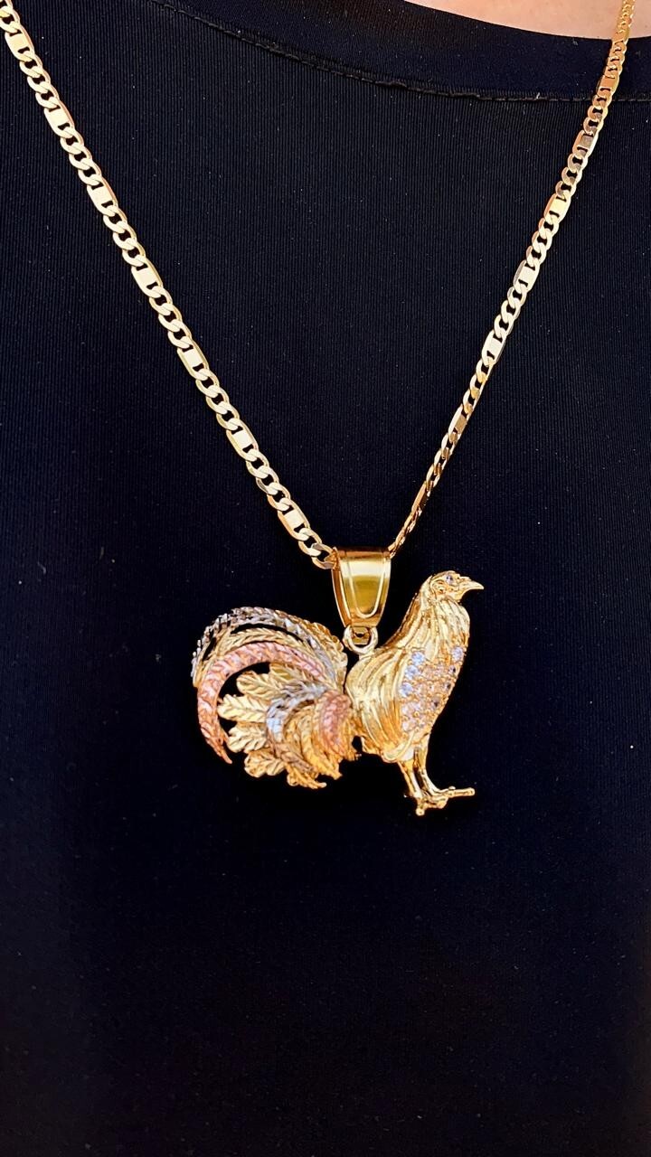 14K Gold Filed Chicken Rooster Pendant Necklace 24″ Figaro Valentino Mens Cadena