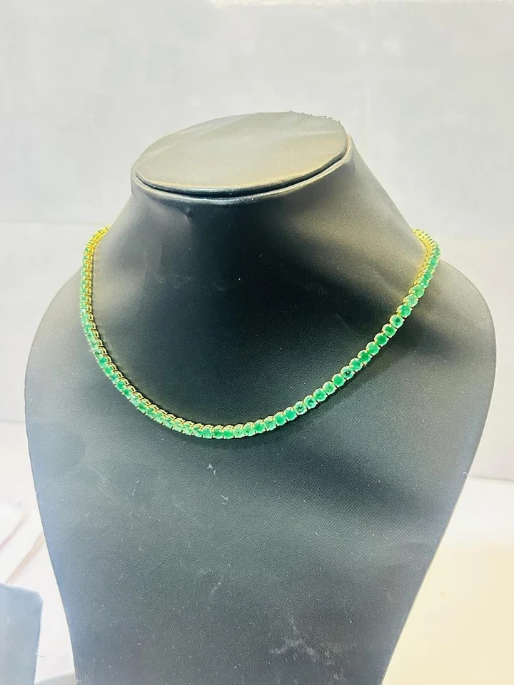 18ct Lab Created Round Cut 4mm Emerald 14K Yellow Gold Plated Tennis Necklace