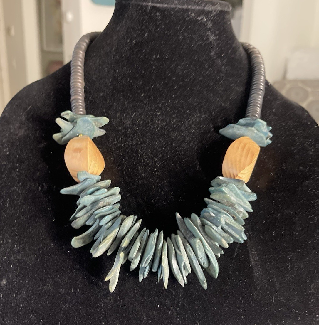Statement Beaded Necklace Black Cord Blue & Brown Wood Beads Beaded Chain