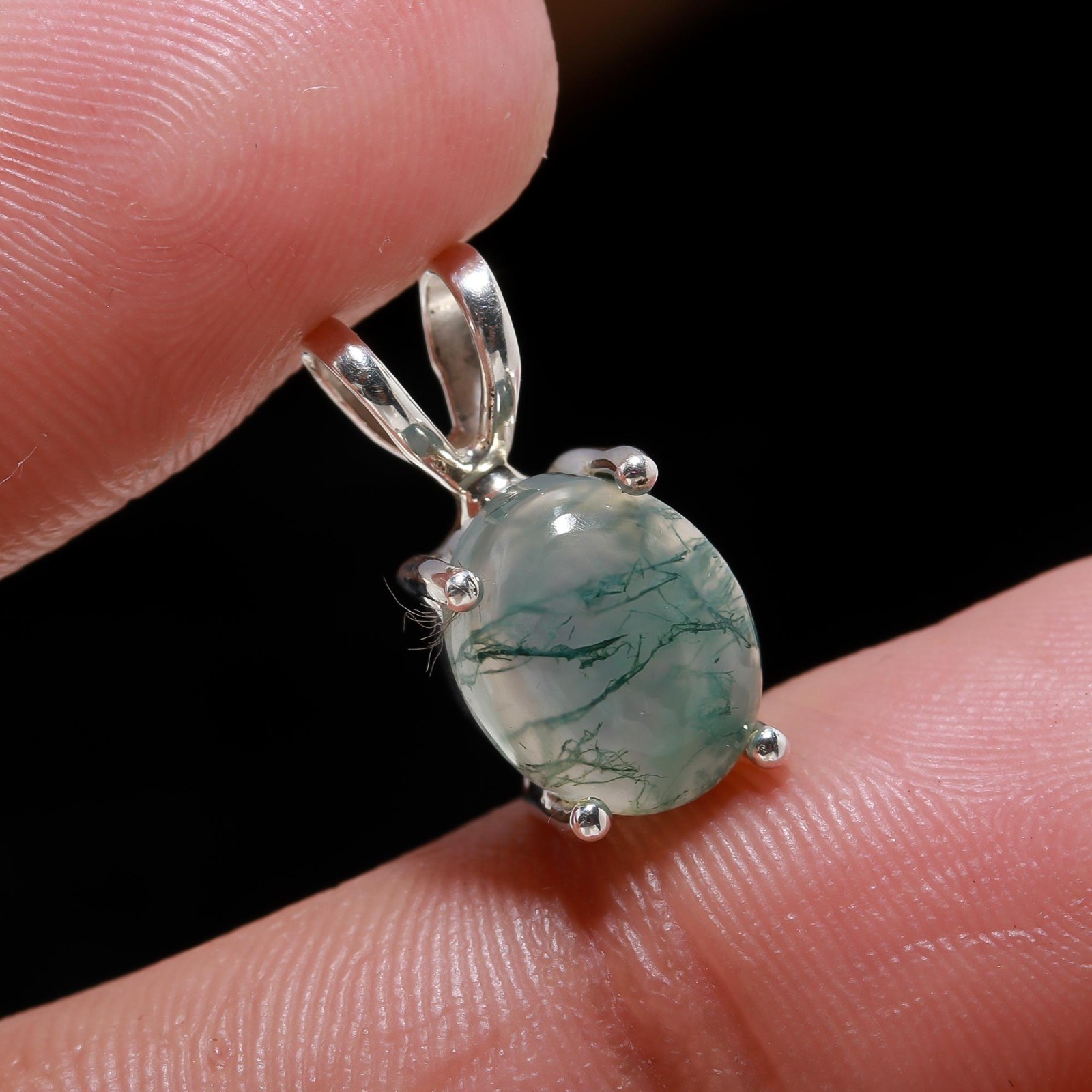 Natural Moss Agate Oval Chain Necklace 925 Sterling Silver Minimalist Jewelry