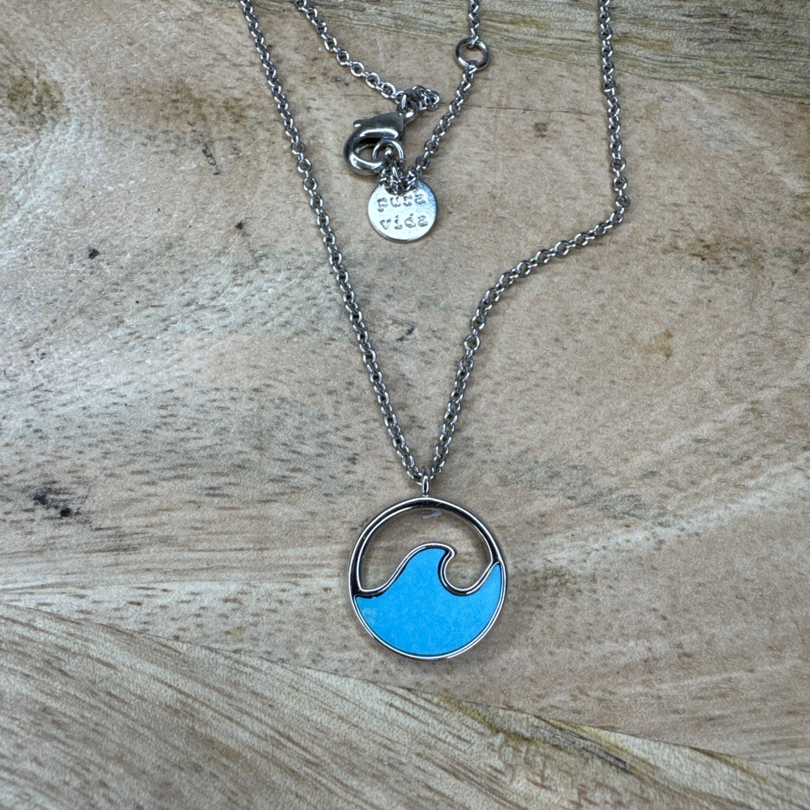 Pura Vida Silver Necklace With Blue Wave, Adjustable 16.25”, 17.25”, & 18.25”