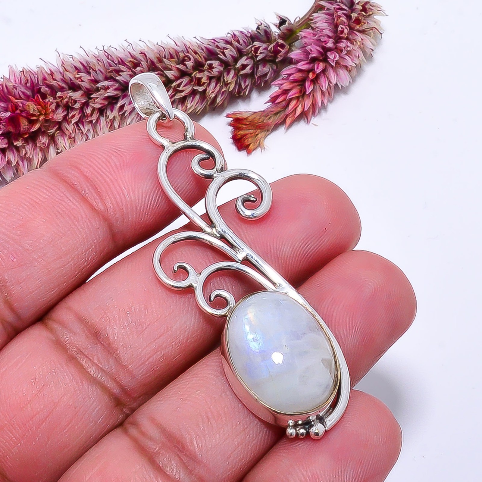 Rainbow Moonstone – India Designer Handmade 925 Sterling Silver Pendant 2.42″ P6