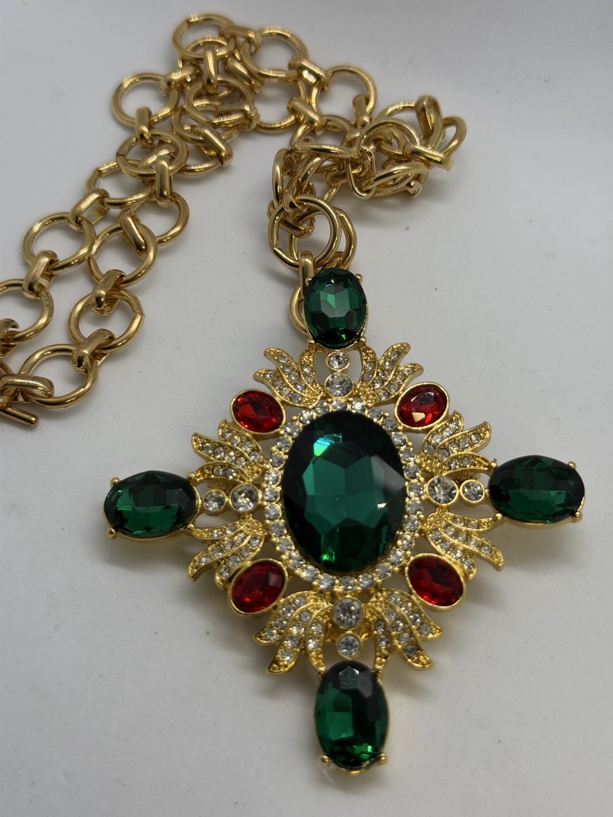 Journie Gold Tone Link Chain Cross Pendant Necklace Green Red Crystal Signed