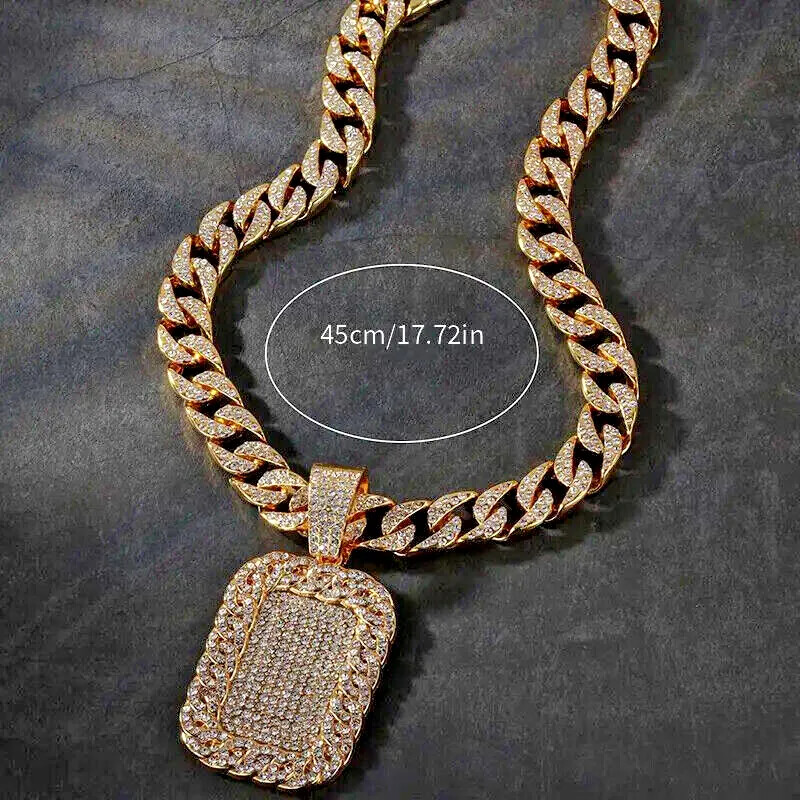 Cubic Zirconia Bling Large Dog Tag pendant 18″ Iced Cuban Choker Chain Necklace