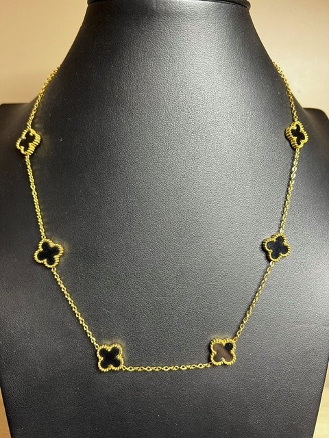 B4835 S-STEEL Gold Tone Black Clover Station Necklace Fashion Jewelry 18″