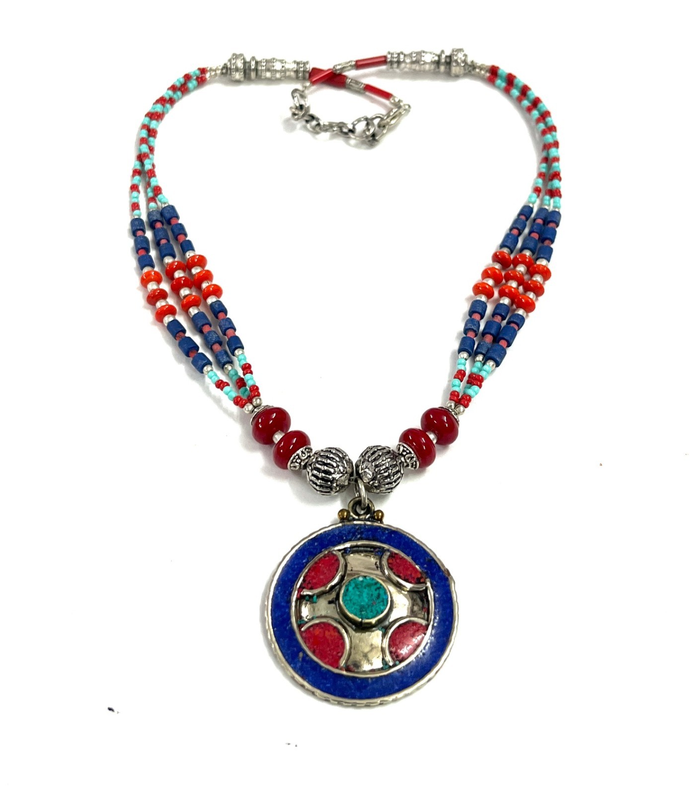 Ethnic Lapis Lazuli Coral Gemstone Nepalese Boho Necklace Jewelry, 17 inch