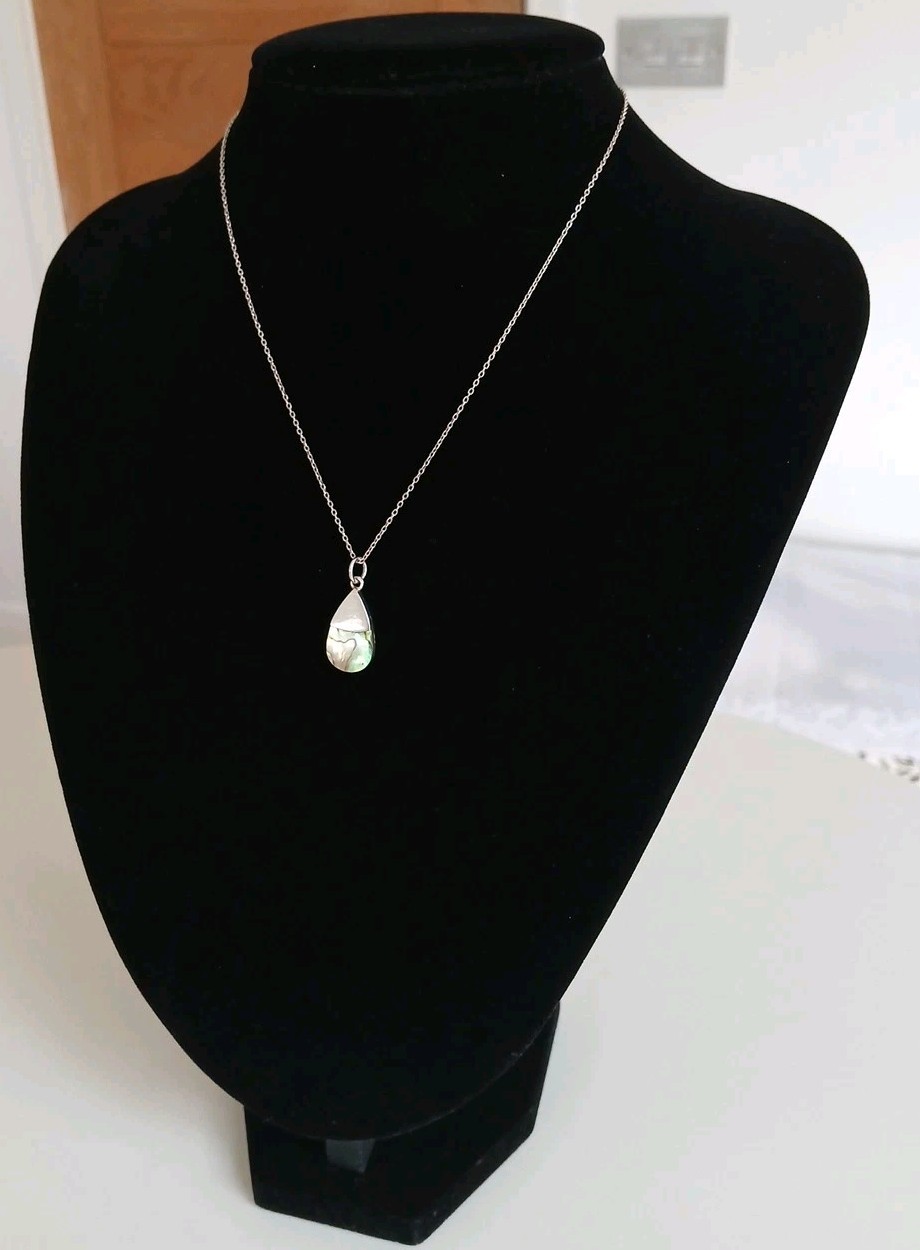 STERLING SILVER & ABALONE SHELL TEARDROP PENDANT & NECKLACE HALLMARKED – 18 INCH