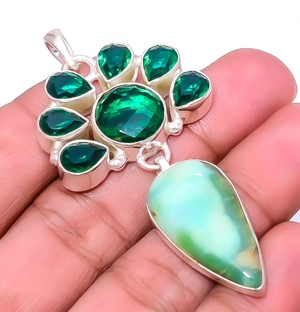 Mint Chrysoprase & Emerald (Lab-Created) 925 Silver Plated Pendant 2.34″ A368