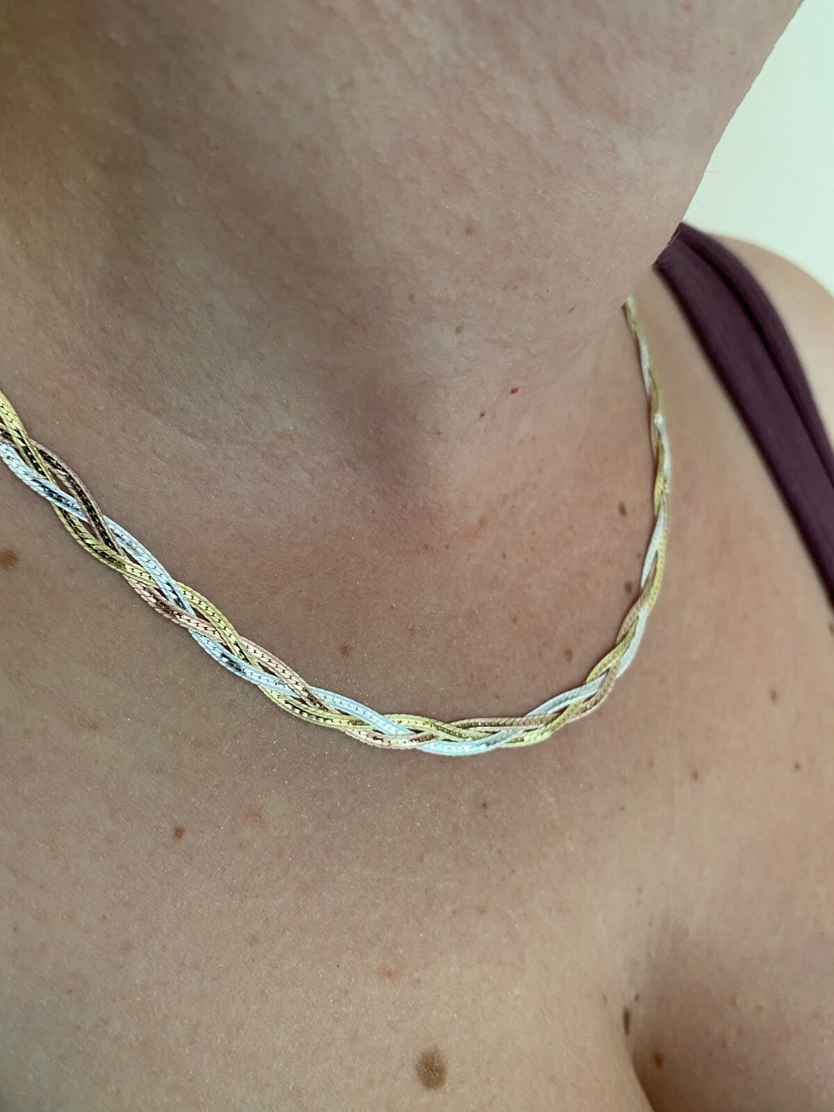 925 Silver TriColor Yellow Rose Gold Plated Twisted Braided Herringbone Necklace