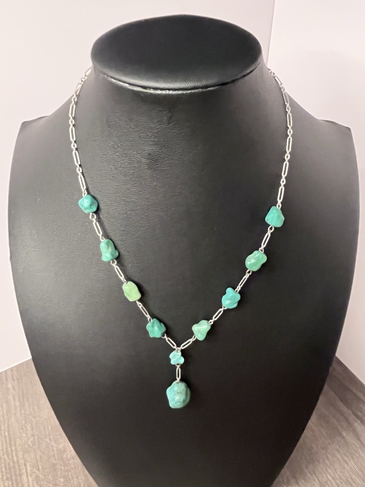 Vintage Turquoise Stone Silver Toned Paperclip Necklace 12-16 In Adjustable