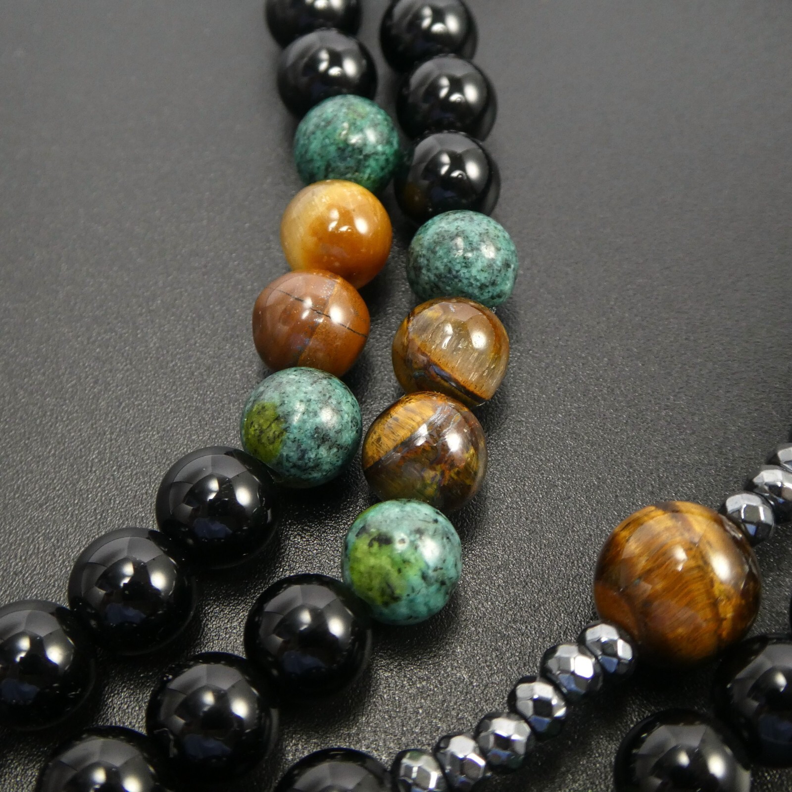 Black Obsidian Tiger Eye African Turquoise Black Hematite Cross Rosary Necklace