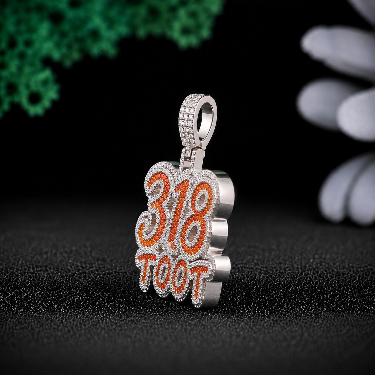 318 Toot Iced Out Pendant 925 Sterling Silver Orange CZ Hip Hop Necklace